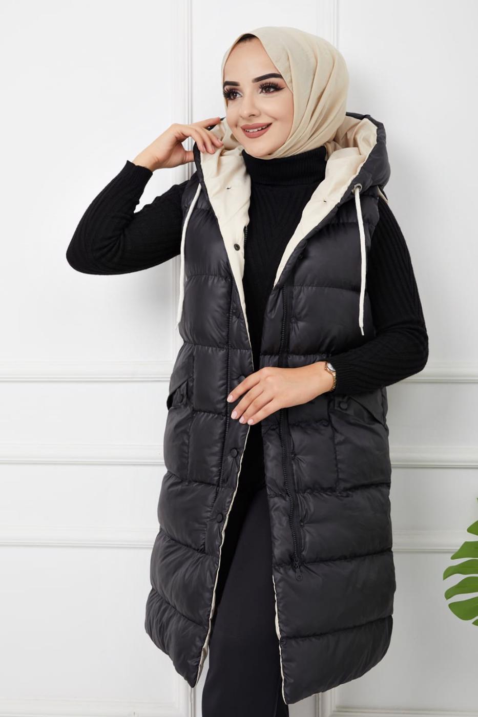 Tesettür giyim SİYAH CEPLİ KAPÜŞONLU ŞİŞME YELEK T 00044 