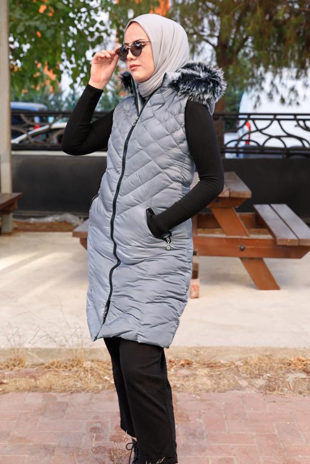 Tesettür giyim GRİ KAPÜŞONLU KAPİTONE ŞİŞME YELEK 0021	 - TRENDTESETTÜR