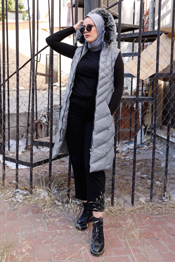 Tesettür giyim GRİ KAPÜŞONLU KAPİTONE ŞİŞME YELEK 0021	 - TRENDTESETTÜR