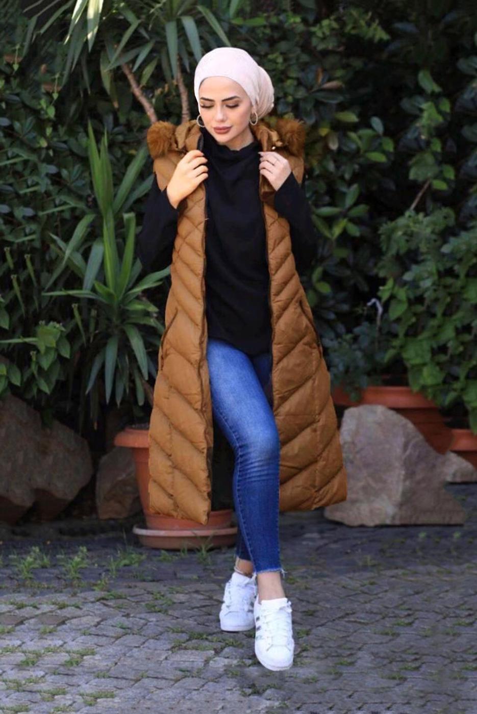 Tesettür giyim KAHVE KAPÜŞONLU KAPİTONE ŞİŞME YELEK 0021	