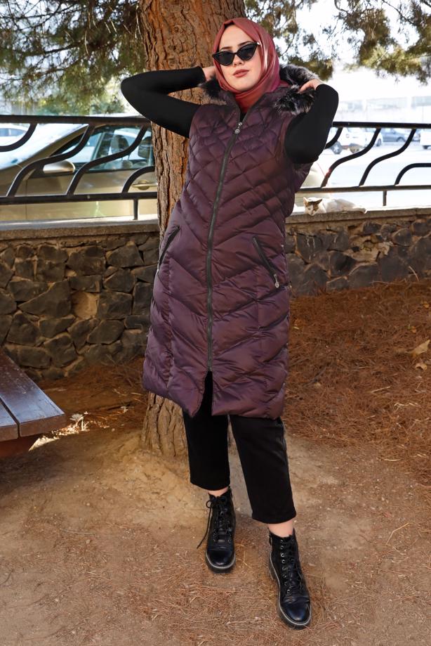 Tesettür giyim MÜRDÜM KAPÜŞONLU KAPİTONE ŞİŞME YELEK 0021	 - TRENDTESETTÜR