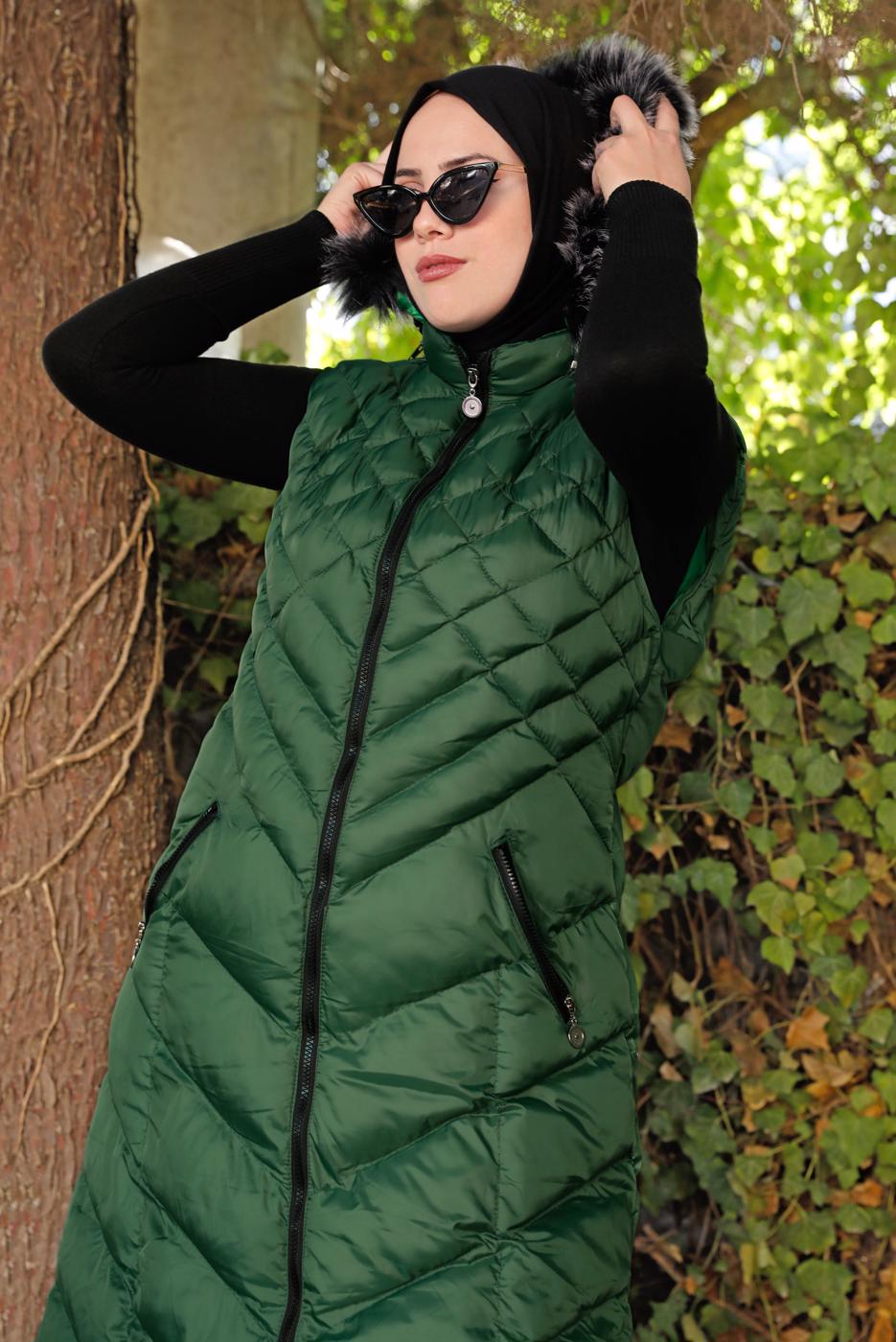 Hijab clothing GREEN HOODED QUILTED PUFFER VEST 0021 