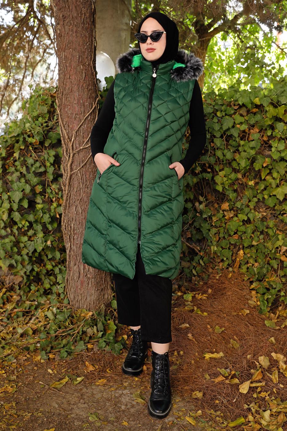 Hijab clothing GREEN HOODED QUILTED PUFFER VEST 0021 
