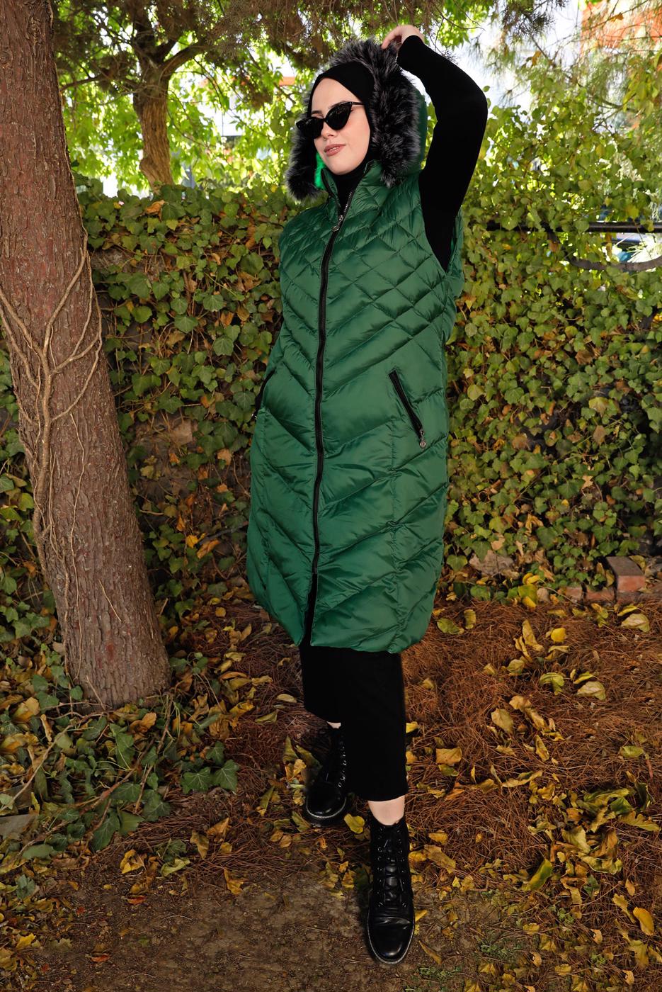 Hijab clothing GREEN HOODED QUILTED PUFFER VEST 0021 
