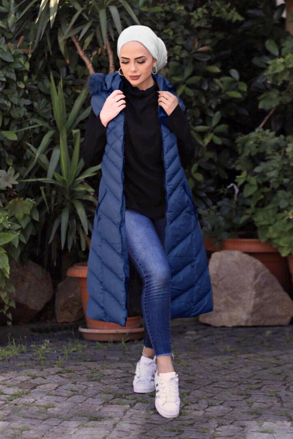 Hijab clothing NAVY BLUE HOODED QUILTED PUFFER VEST 0021 