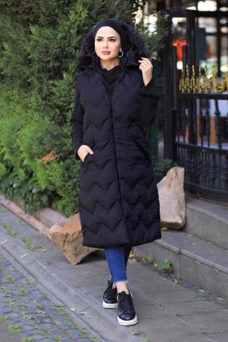 Tesettür giyim SİYAH KAPÜŞONLU CEP DETAYLI ŞİŞME YELEK 0031 