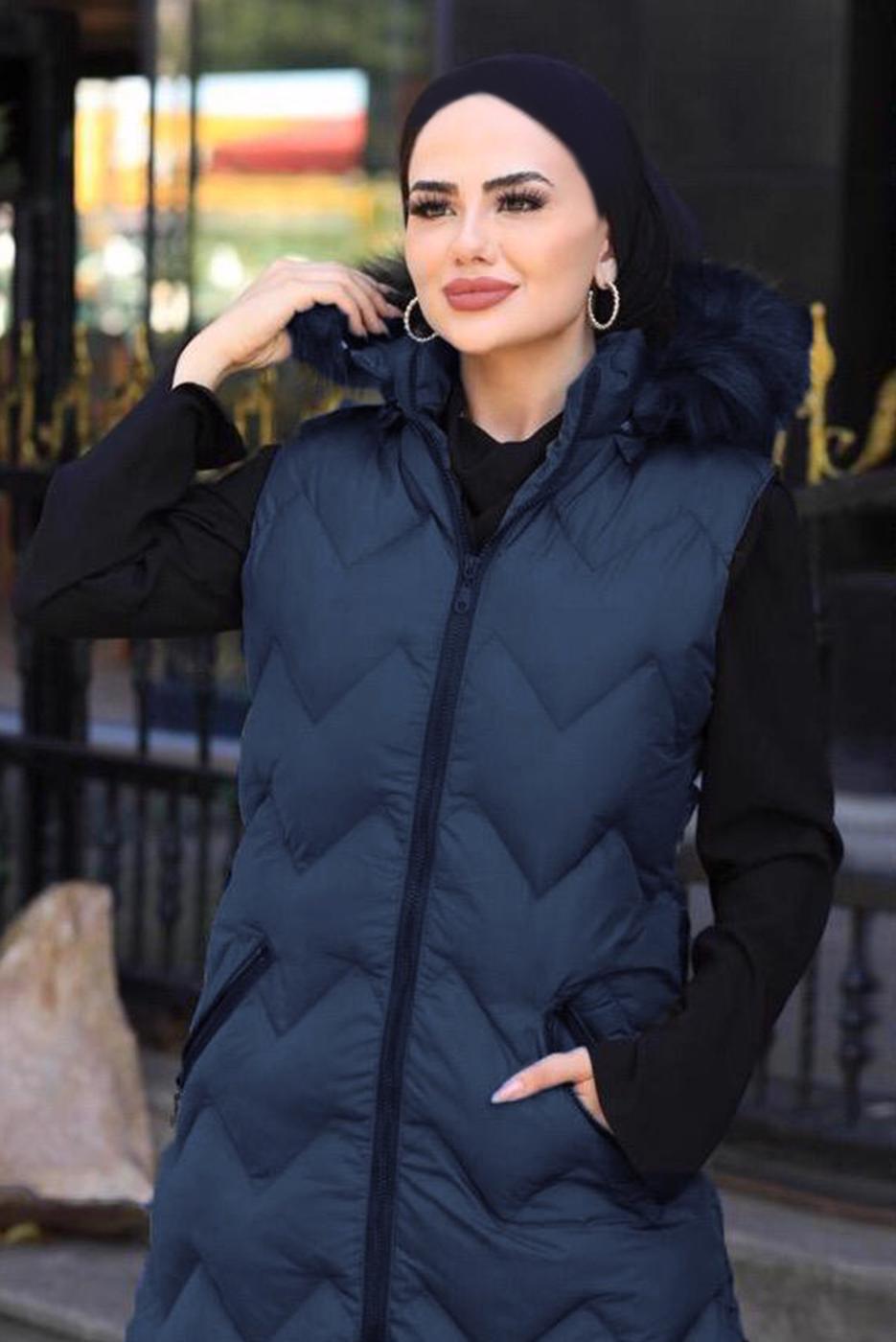 Hijab clothing NAVY BLUE HOODED POCKET DETAIL PUFFER VEST 0031 