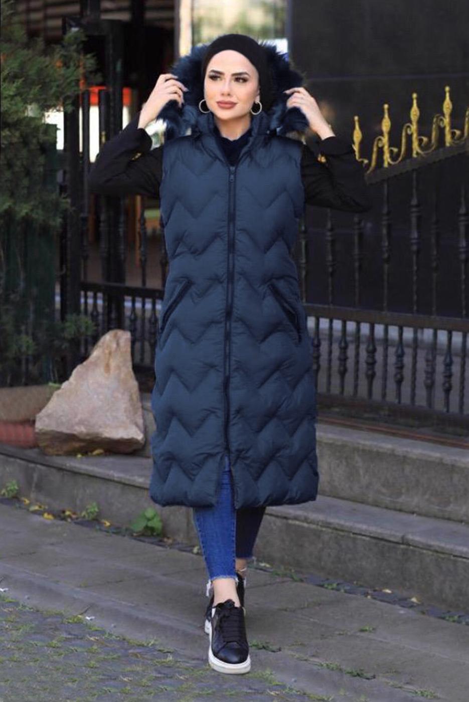 Hijab clothing NAVY BLUE HOODED POCKET DETAIL PUFFER VEST 0031 