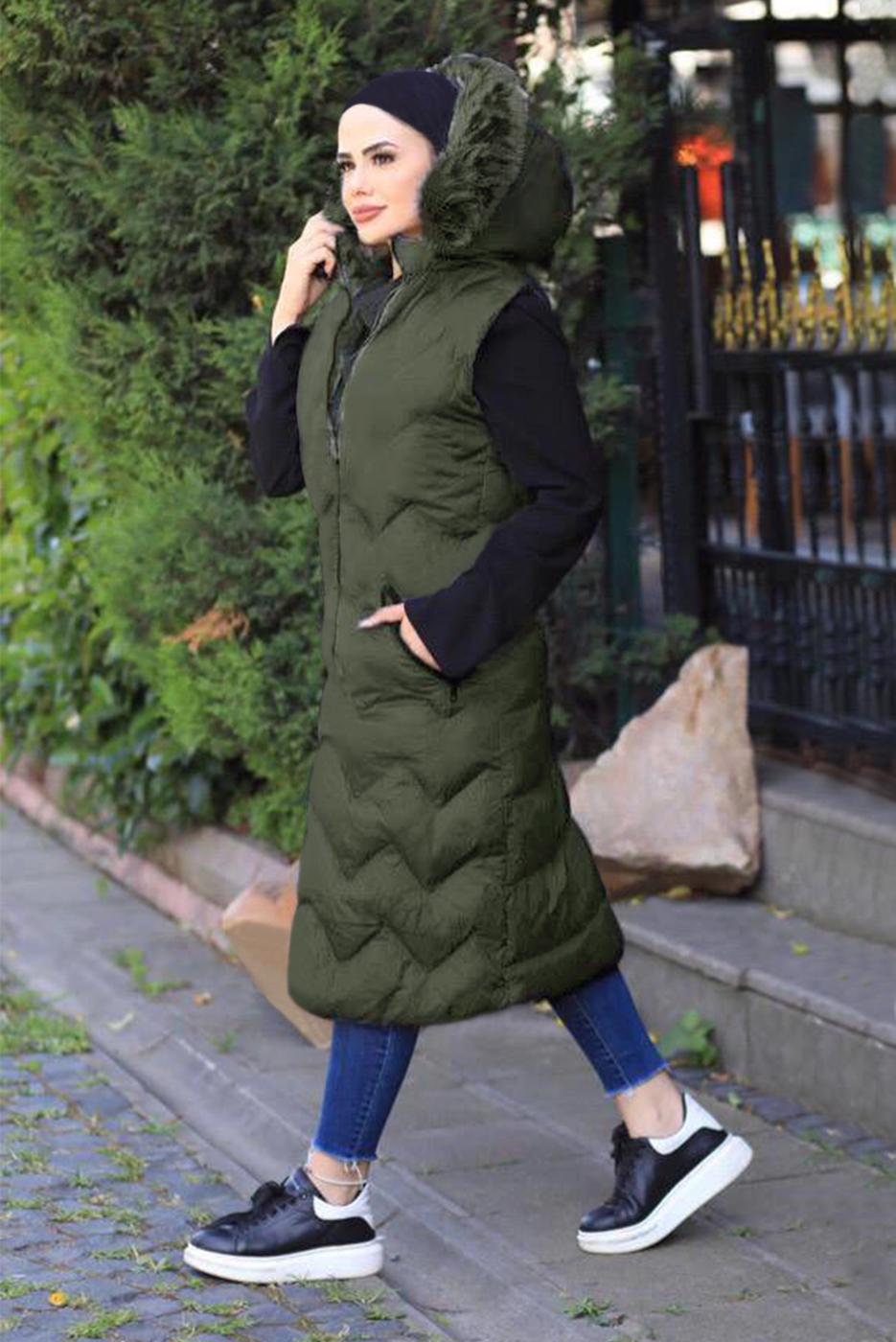 Hijab clothing GREEN HOODED POCKET DETAIL PUFFER VEST 0031 