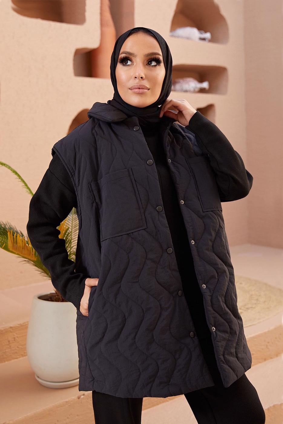 Hijab clothing BLACK SNAP DETAIL QUILTED GILET 0520 