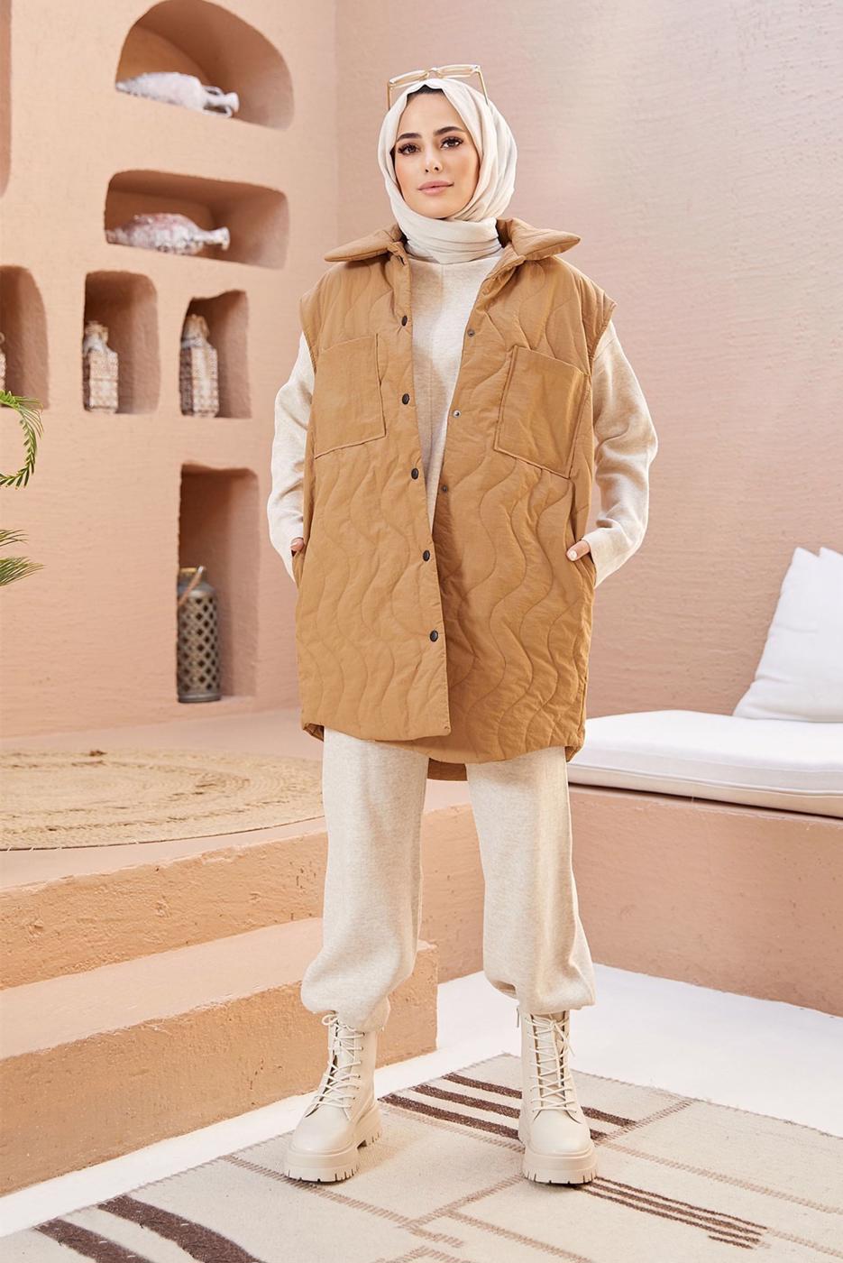 Hijab clothing BROWN SNAP DETAIL QUILTED GILET 0520 