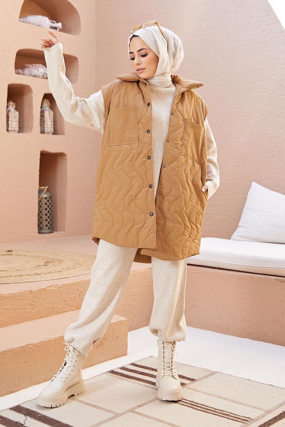 Hijab clothing BROWN SNAP DETAIL QUILTED GILET 0520 