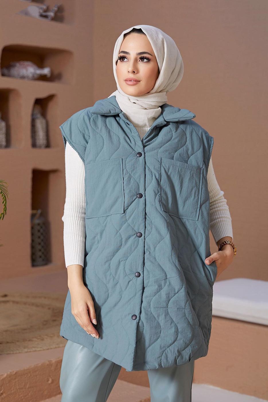 Hijab clothing BLUE SNAP DETAIL QUILTED GILET 0520 