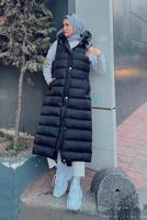 Tesettür giyim SİYAH KÜRK DETAYLI KAPÜŞONLU ŞİŞME YELEK 841 