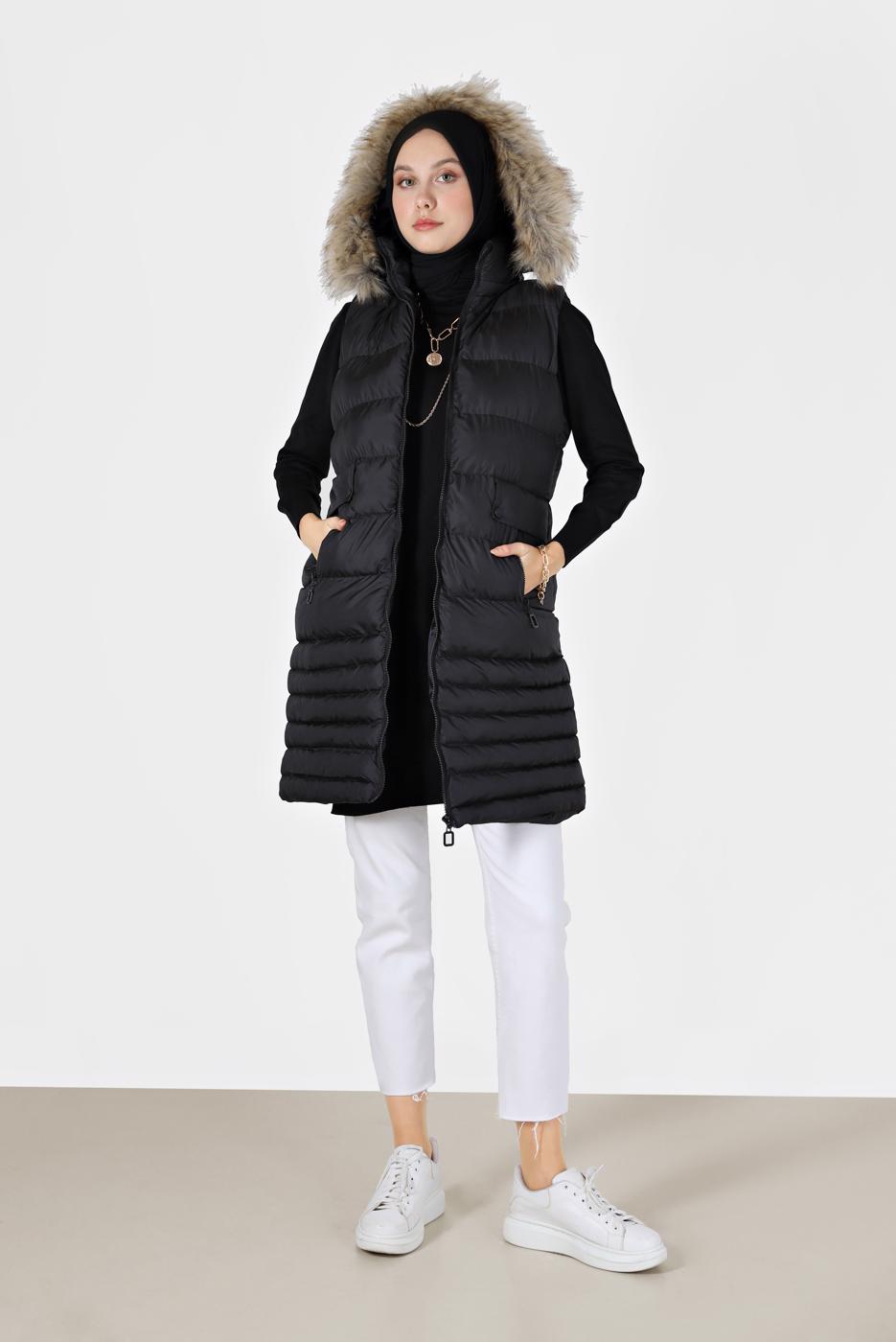 Tesettür giyim SİYAH KAPÜŞONLU FERMUARLI ŞİŞME YELEK 2004 