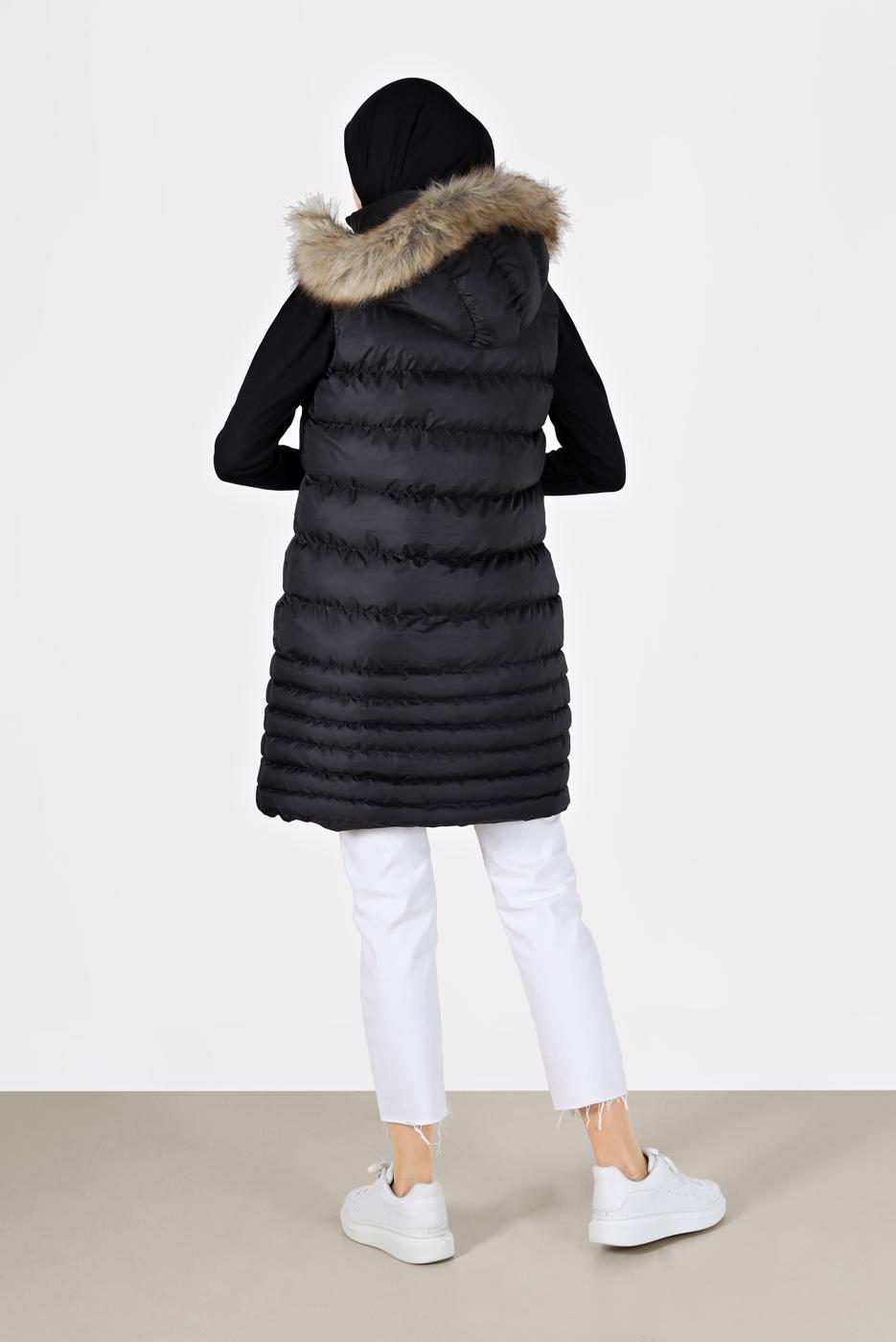 Tesettür giyim SİYAH KAPÜŞONLU FERMUARLI ŞİŞME YELEK 2004 