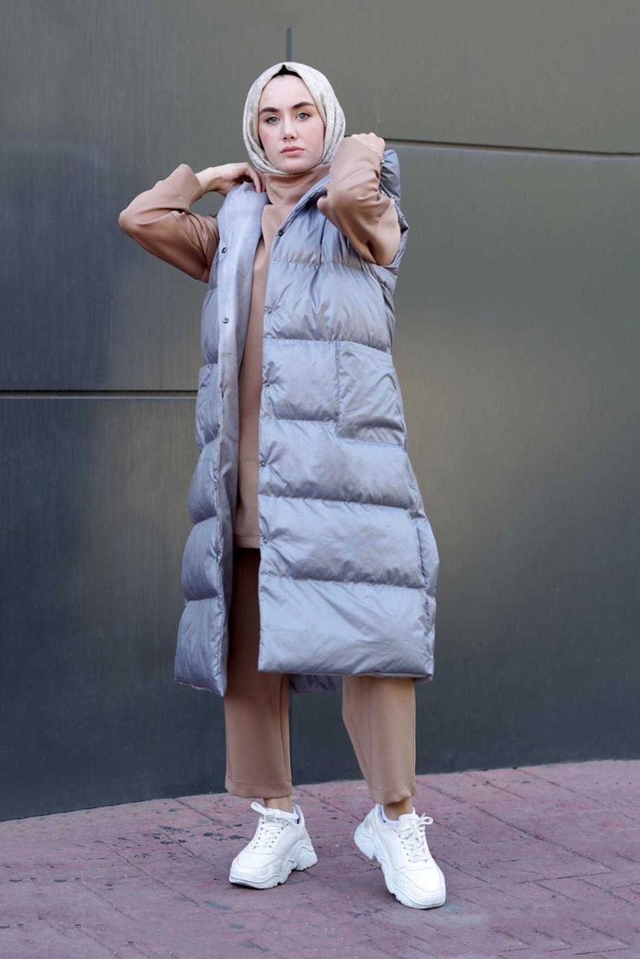 Hijab clothing GREY POCKET DETAIL HOODED PUFFER VEST 2222 