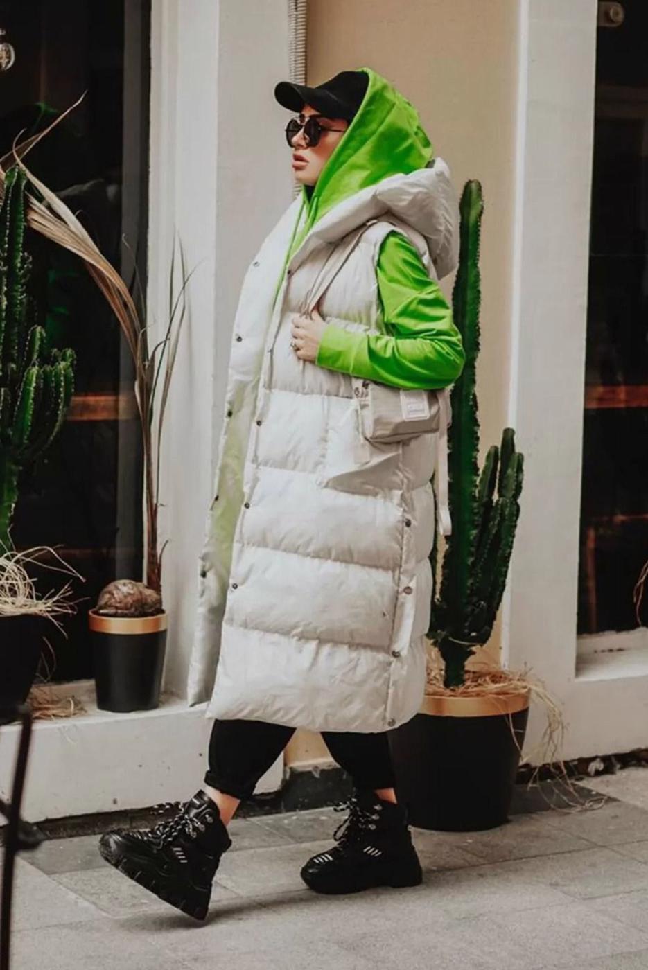 Hijab clothing ECRU POCKET DETAIL HOODED PUFFER VEST 2222 