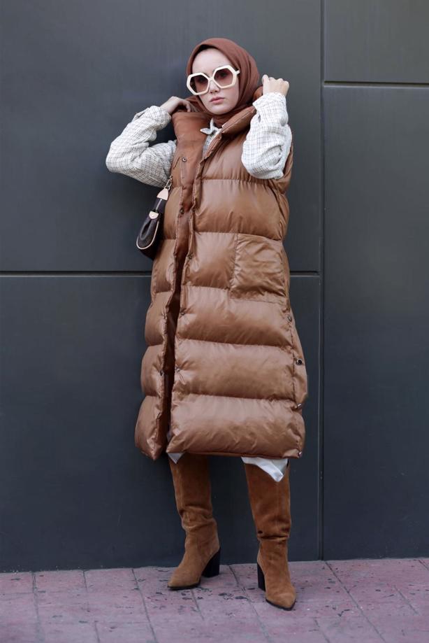 Tesettür giyim TABA CEP DETAYLI KAPÜŞONLU ŞİŞME YELEK 2222  - TRENDTESETTÜR