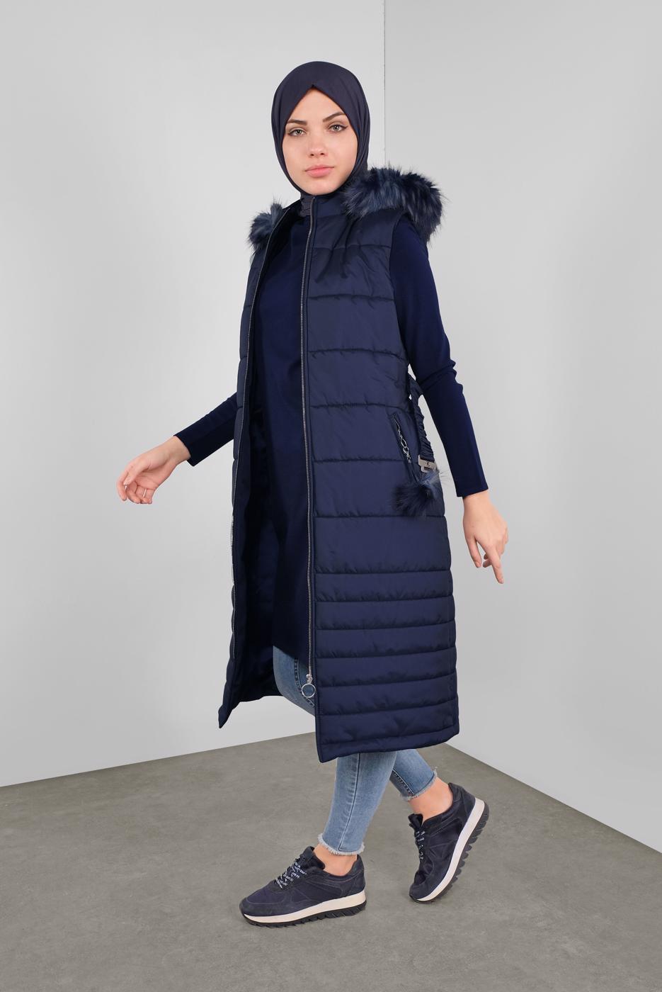 Tesettür giyim LACİVERT KEMERLİ KAPÜŞONLU ŞİŞME YELEK 90121 