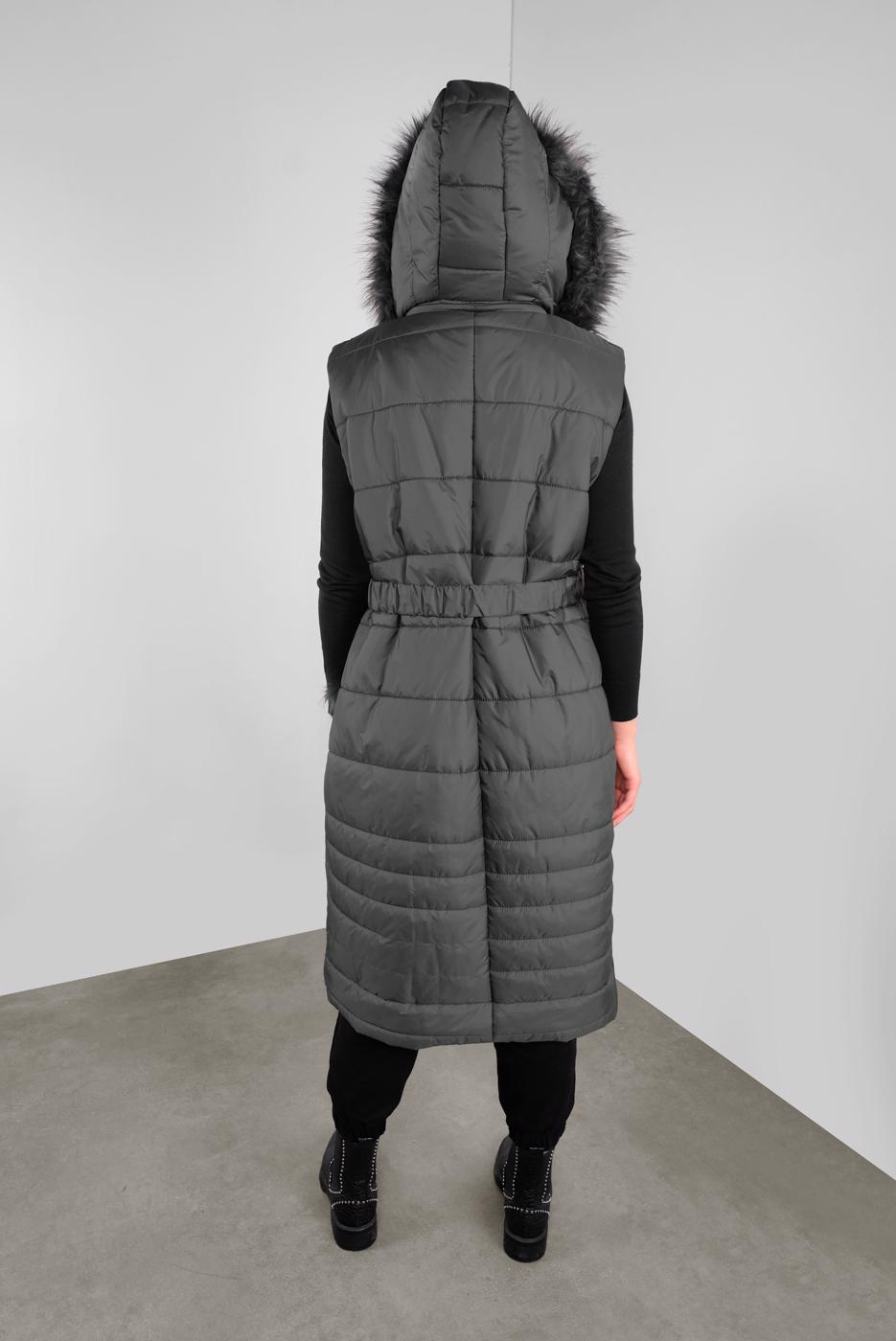 Tesettür giyim GRİ KEMERLİ KAPÜŞONLU ŞİŞME YELEK 90121 