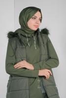 Tesettür giyim HAKİ KEMERLİ KAPÜŞONLU ŞİŞME YELEK 90121 
