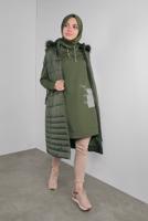 Tesettür giyim HAKİ KEMERLİ KAPÜŞONLU ŞİŞME YELEK 90121 