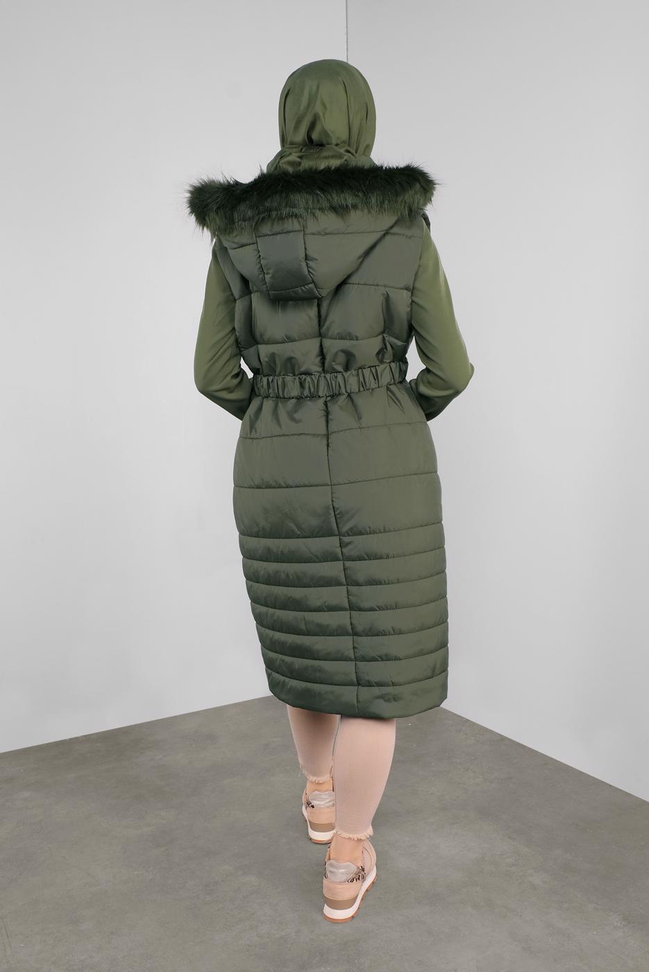 Tesettür giyim HAKİ KEMERLİ KAPÜŞONLU ŞİŞME YELEK 90121 