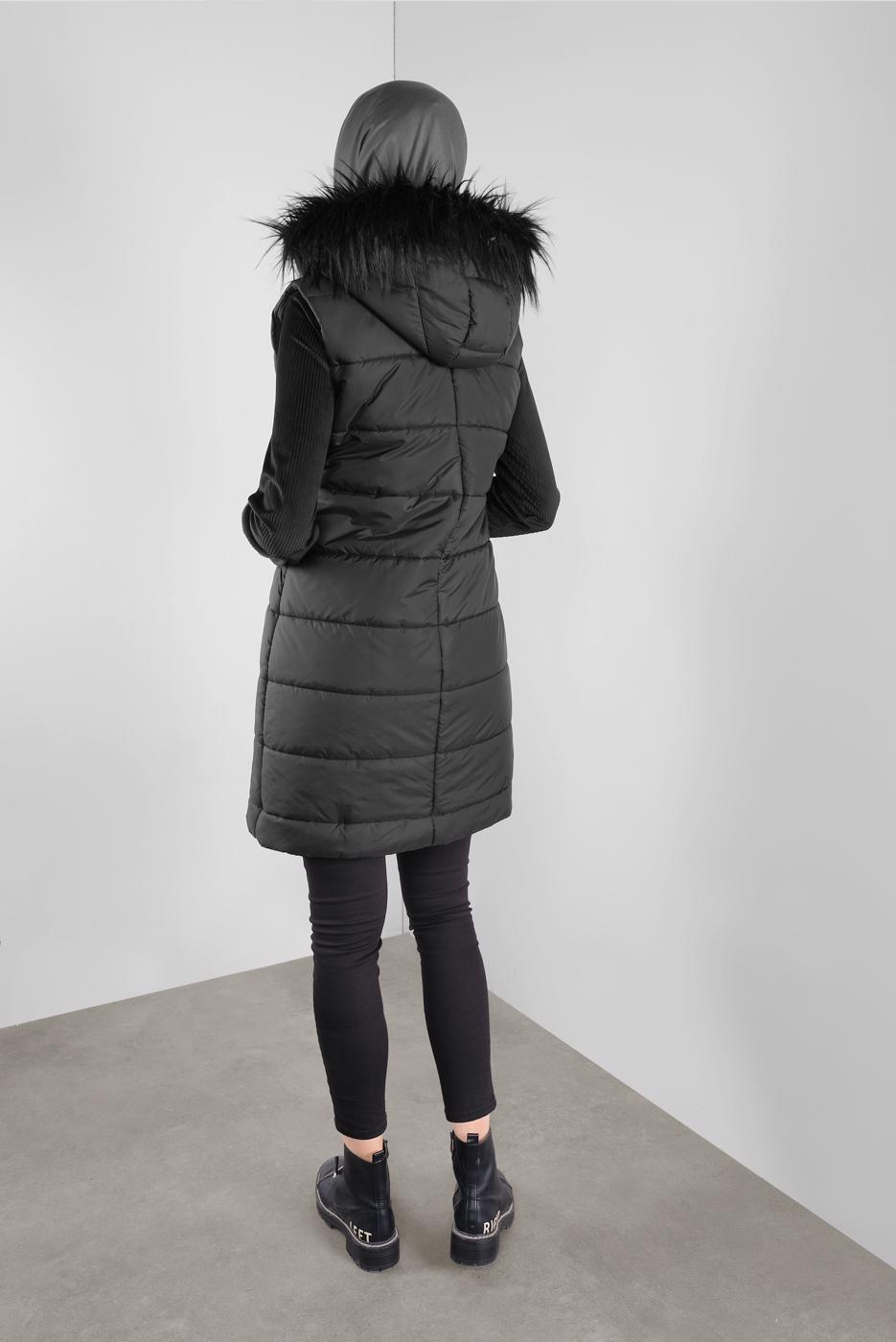 Tesettür giyim SİYAH KAPÜŞONLU CEP DETAYLI ŞİŞME YELEK 90146 