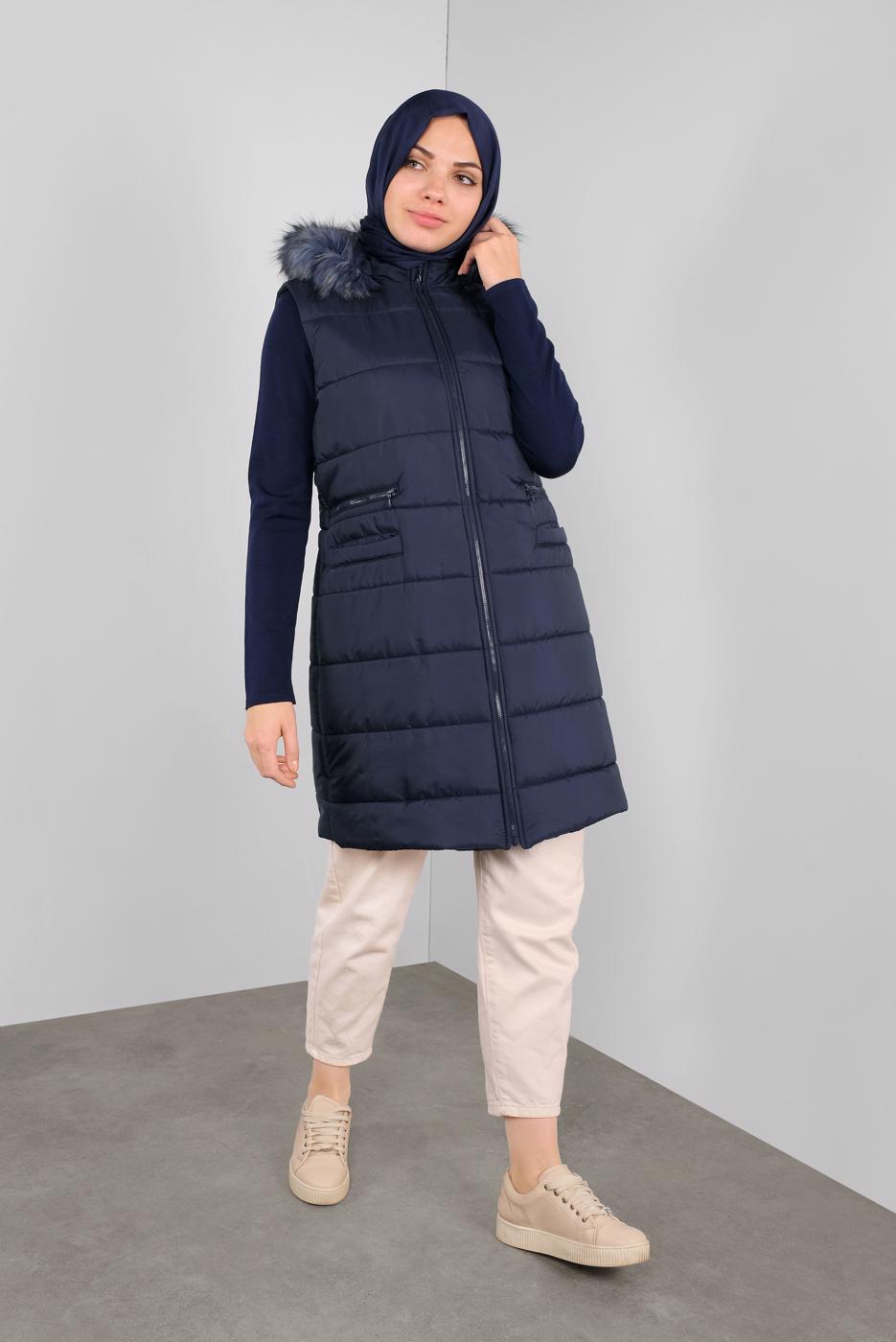 Tesettür giyim LACİVERT KAPÜŞONLU CEP DETAYLI ŞİŞME YELEK 90146 