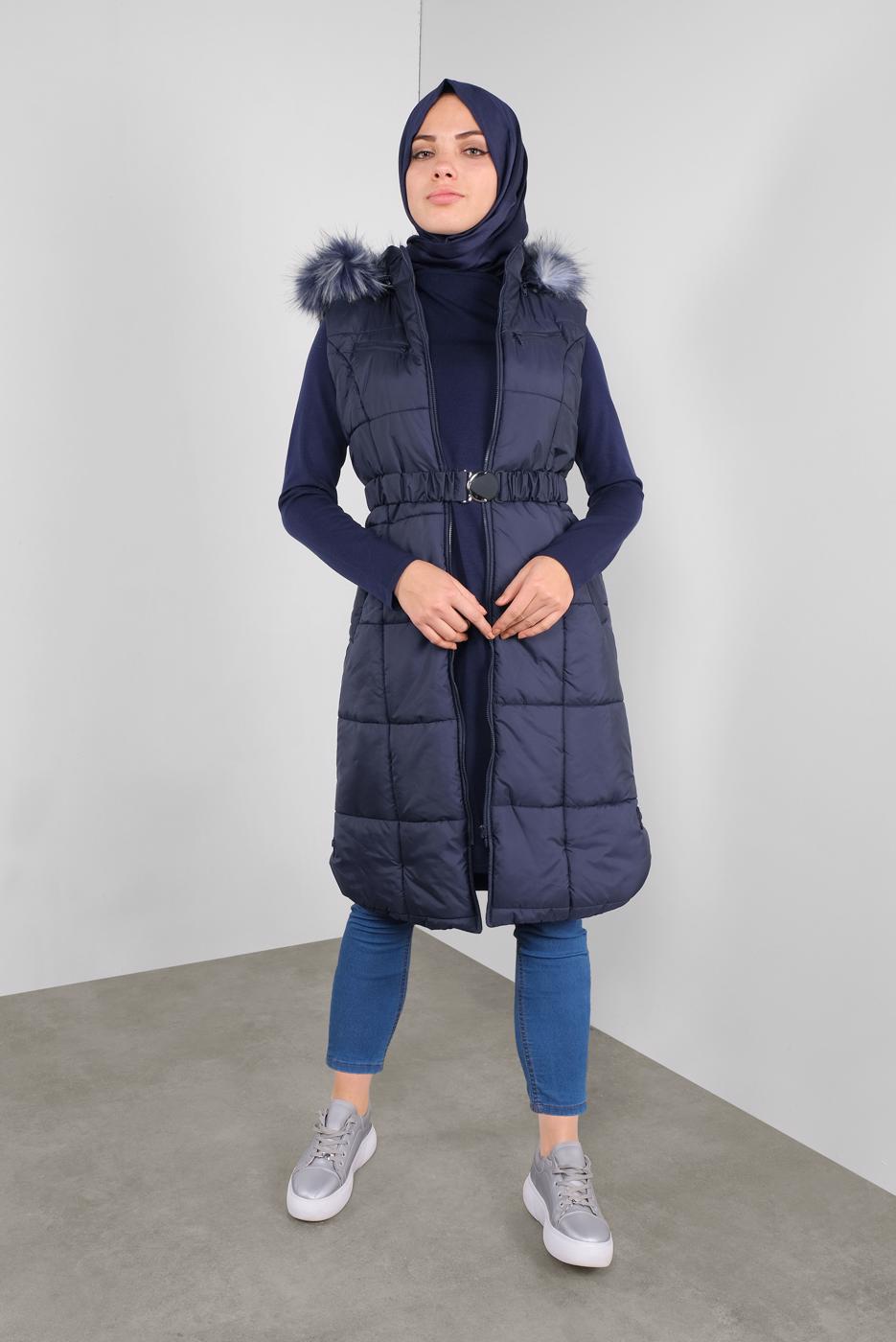 Tesettür giyim LACİVERT BELDEN TUTTURMALI KAPÜŞONLU ŞİŞME YELEK 90148 