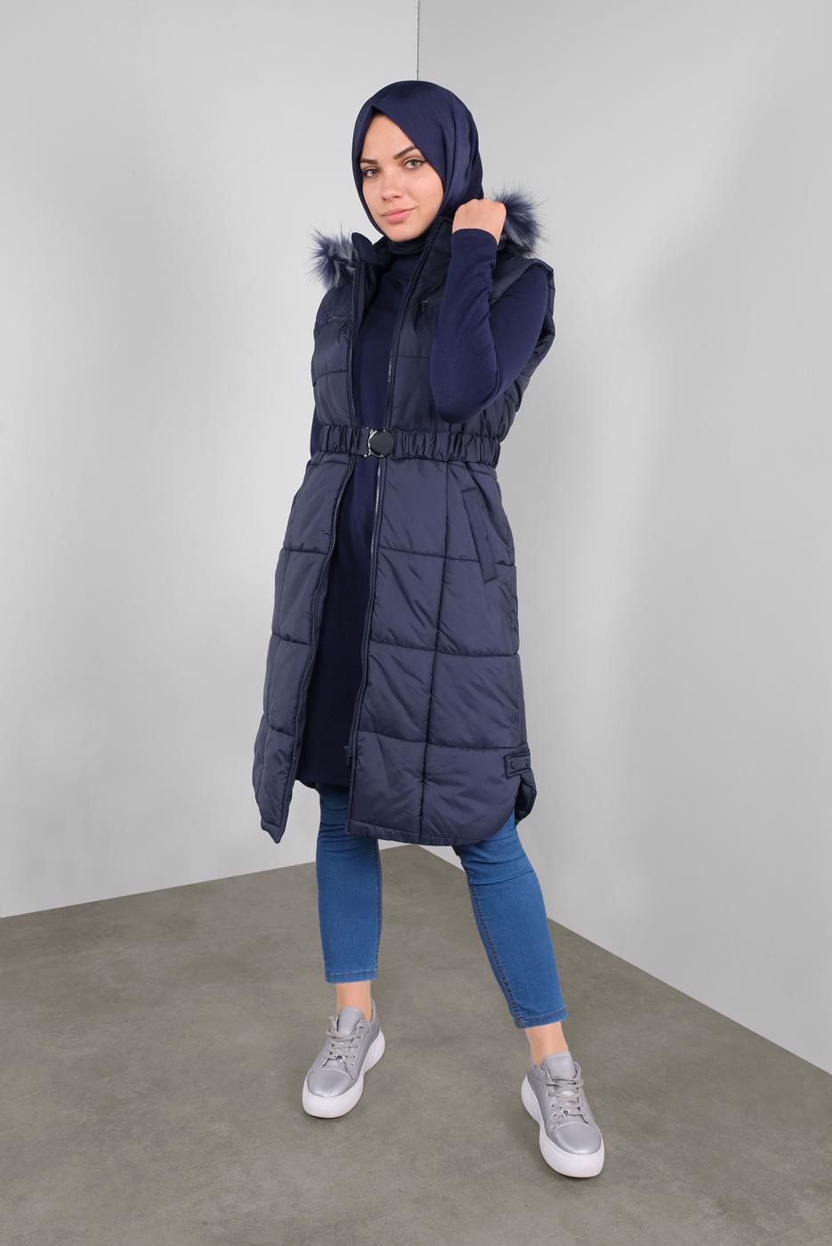 Tesettür giyim LACİVERT BELDEN TUTTURMALI KAPÜŞONLU ŞİŞME YELEK 90148 