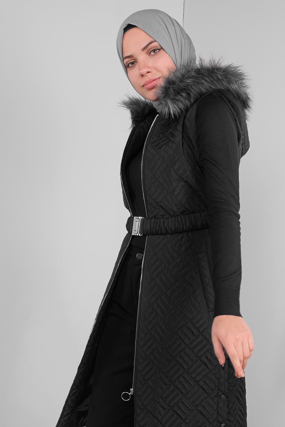 Tesettür giyim SİYAH KENDİNDEN DESENLİ KEMERLİ ŞİŞME YELEK 90171 