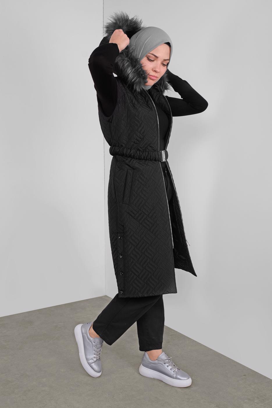 Tesettür giyim SİYAH KENDİNDEN DESENLİ KEMERLİ ŞİŞME YELEK 90171 