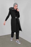 Tesettür giyim SİYAH KENDİNDEN DESENLİ KEMERLİ ŞİŞME YELEK 90171 