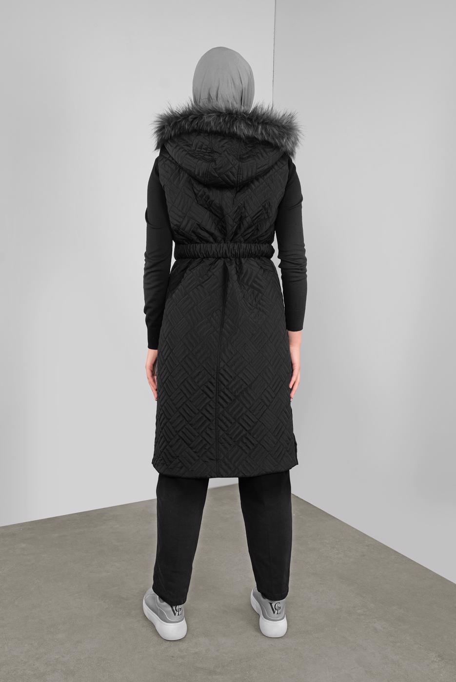 Tesettür giyim SİYAH KENDİNDEN DESENLİ KEMERLİ ŞİŞME YELEK 90171 