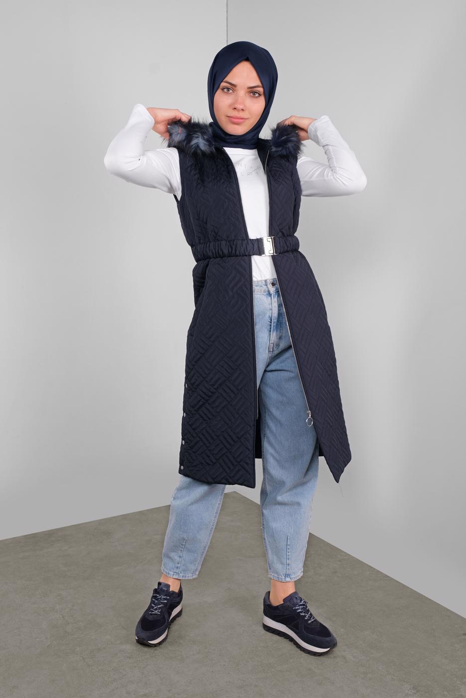 Tesettür giyim LACİVERT KENDİNDEN DESENLİ KEMERLİ ŞİŞME YELEK 90171 