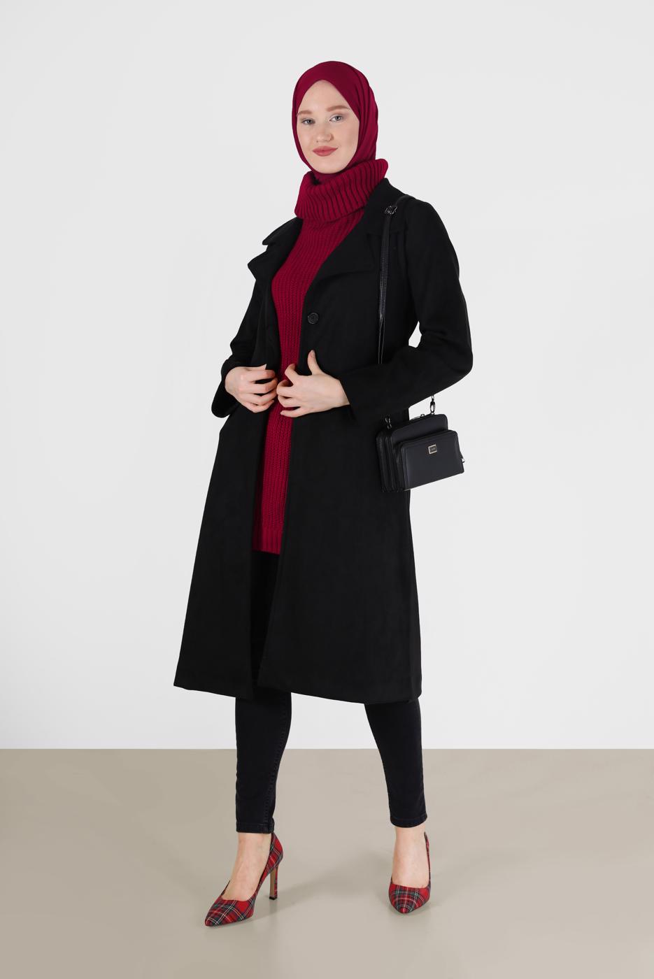 Hijab clothing BLACK BUTTON DETAIL CLASSIC COLLAR SUEDE TRENCH COAT 65095 