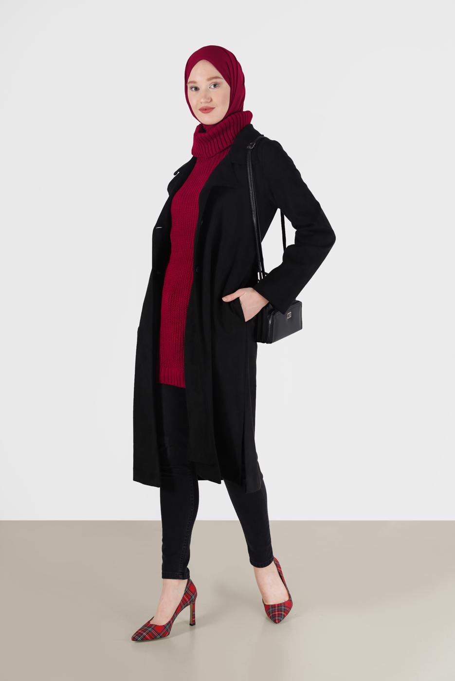 Hijab clothing BLACK BUTTON DETAIL CLASSIC COLLAR SUEDE TRENCH COAT 65095 