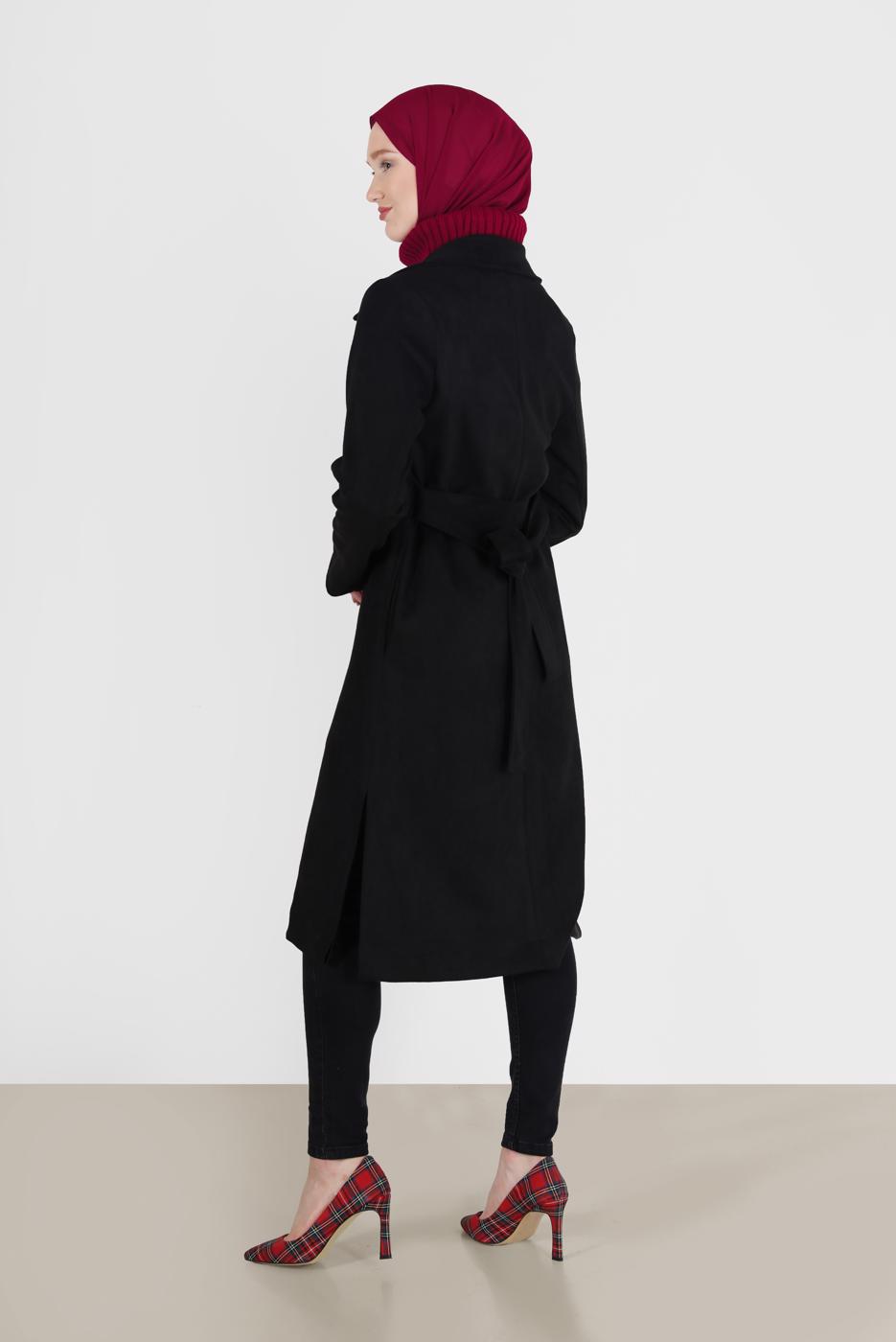 Hijab clothing BLACK BUTTON DETAIL CLASSIC COLLAR SUEDE TRENCH COAT 65095 