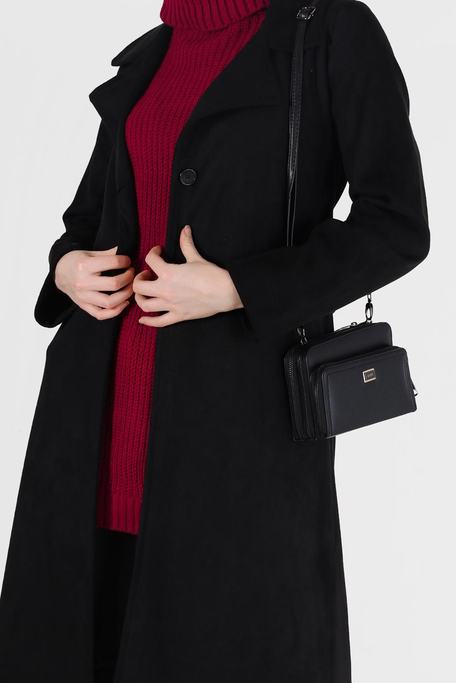 Hijab clothing BLACK BUTTON DETAIL CLASSIC COLLAR SUEDE TRENCH COAT 65095 