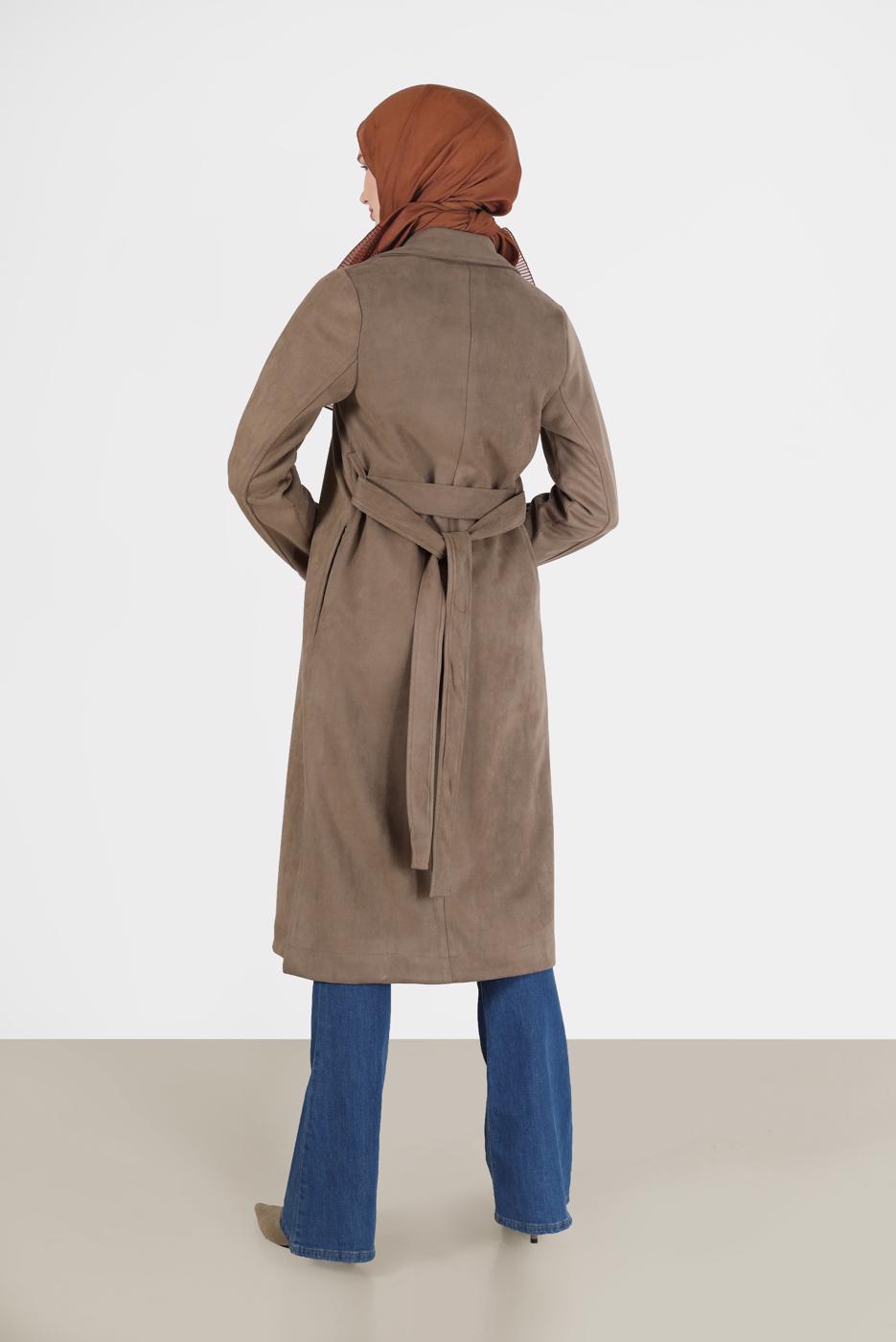 Hijab clothing BROWN BUTTON DETAIL CLASSIC COLLAR SUEDE TRENCH COAT 65095 
