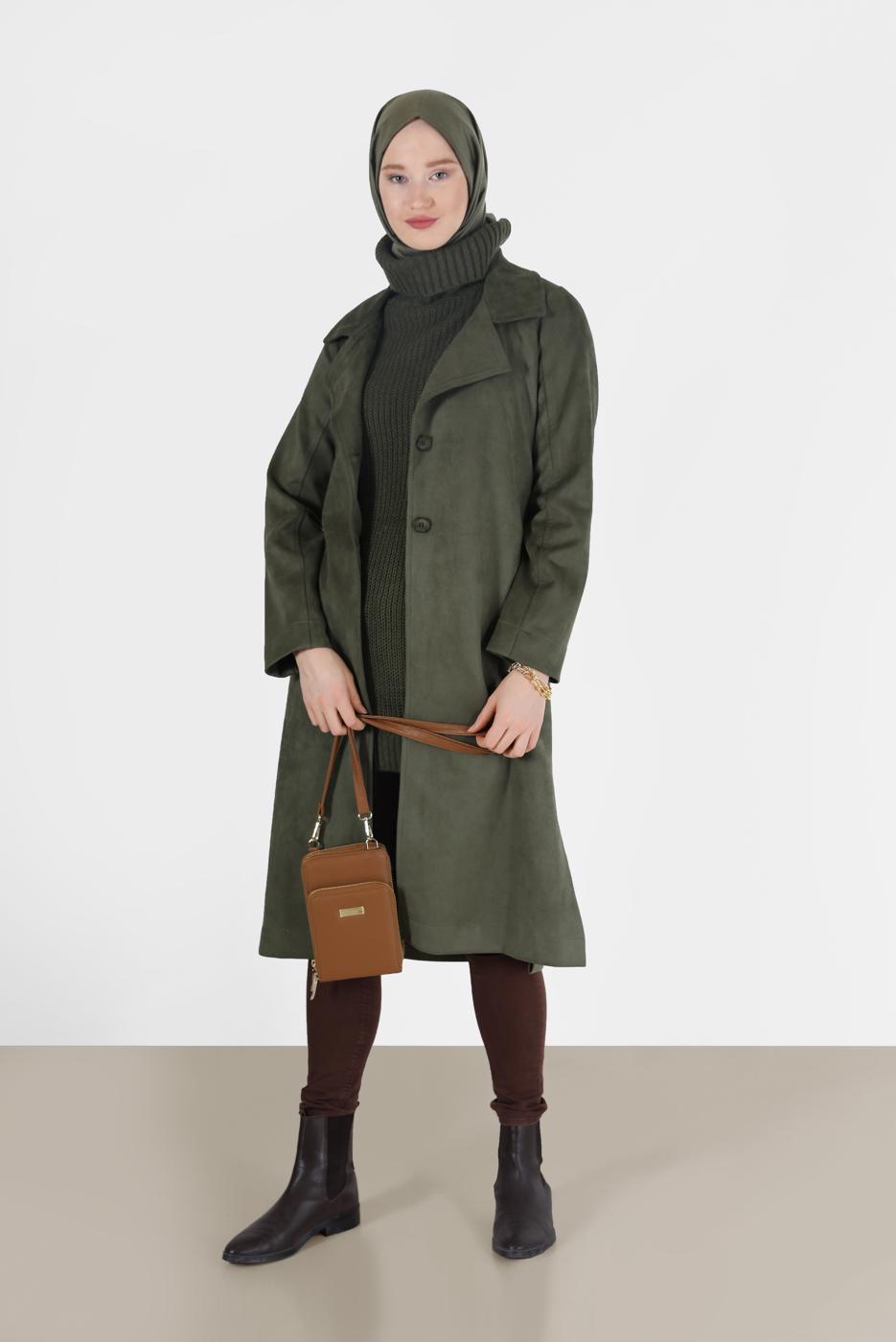 Tesettür giyim HAKİ DÜĞME DETAYLI KLASİK YAKA SÜET TRENÇKOT 65095 