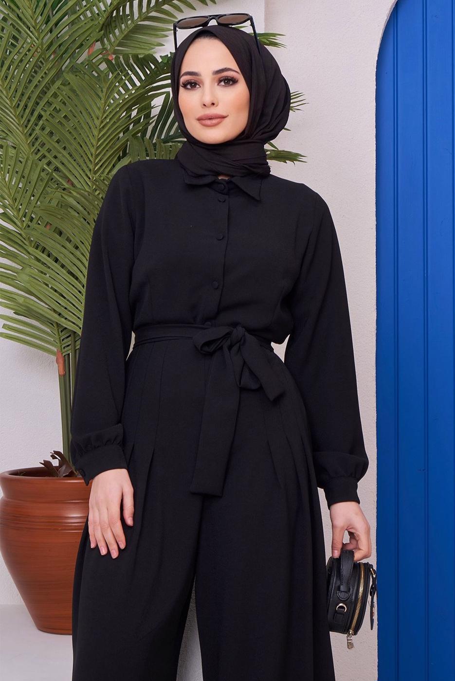 Hijab clothing BLACK BUTTON DETAIL BELTED OVERALLS 14051 