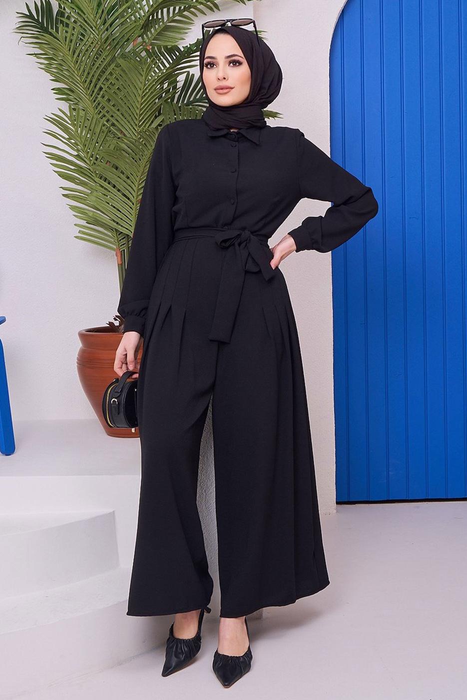 Hijab clothing BLACK BUTTON DETAIL BELTED OVERALLS 14051 