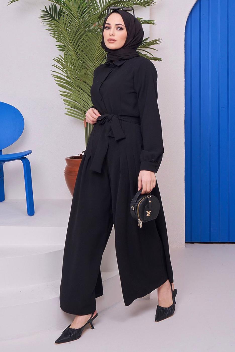 Hijab clothing BLACK BUTTON DETAIL BELTED OVERALLS 14051 