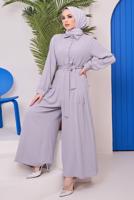 Tesettür giyim GRİ DÜĞME DETAYLI KUŞAKLI TULUM 14051 