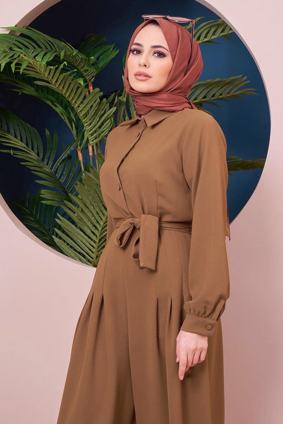 Hijab clothing BROWN BUTTON DETAIL BELTED OVERALLS 14051