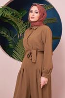 Hijab clothing BROWN BUTTON DETAIL BELTED OVERALLS 14051