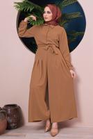 Hijab clothing BROWN BUTTON DETAIL BELTED OVERALLS 14051